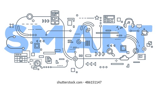 Vector creative illustration of smart word lettering typography with line icons on white background. Smart technology concept. Thin line art style design for modern business smart technology