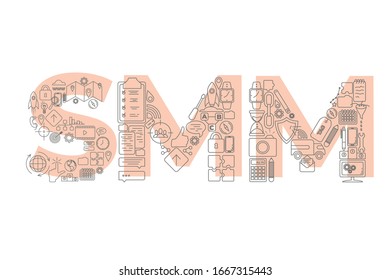 Vector creative illustration of SMM word lettering typography with line icons on white background.
