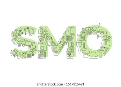 Vector creative illustration of SMO word lettering typography with line icons on white background. Social media optimazation concept.
