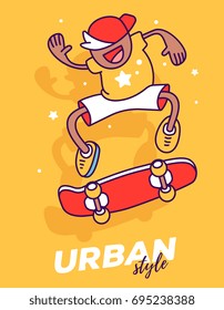 Vector creative illustration of sport man doing a trick on a skateboard. Crazy smile skateboarder makes jump on a skateboard on yellow background with title. Line art style design of cool skateboarder