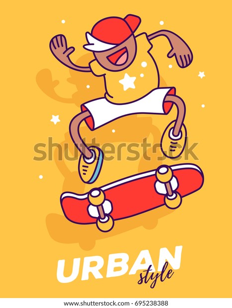 スケートボードでトリックをするスポーツマンのベクタークリエイティブイラスト 黄色い背景にタイトルとスケートボードを飛び乗るクレイジーなほほ笑みを浮かべます クールスケートボーダーのラインアートスタイルデザイン のベクター画像素材 ロイヤリティフリー