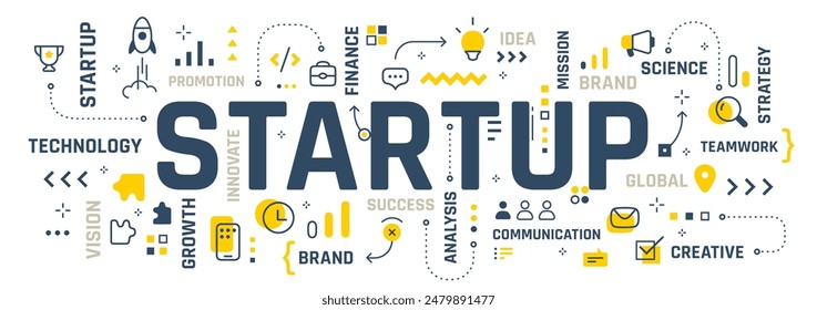 Vector creative illustration of startup word typography with line icon, word cloud on white background. Startup business infographic concept with spaceship. Line art style design for digital banner