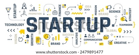 Vector creative illustration of startup word typography with line icon, word cloud on white background. Startup business infographic concept with spaceship. Line art style design for digital banner