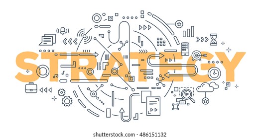 Vektorgrafik von Strategiewörtern, die Typografie mit Zeilensymbole auf weißem Hintergrund signieren. Business Strategy Konzept. Designstil für glänzende Linien, Web, Website, Banner