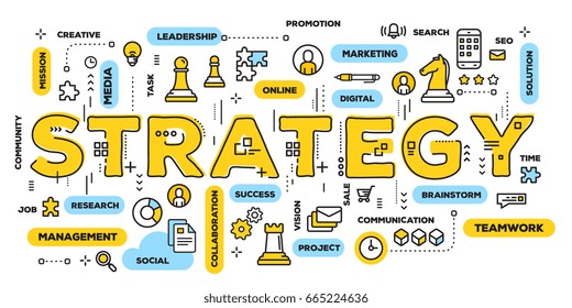 Vector creative illustration of strategy yellow word lettering typography with line icons and tag cloud on white background. Business strategy concept. Thin line art style design for strategy banner