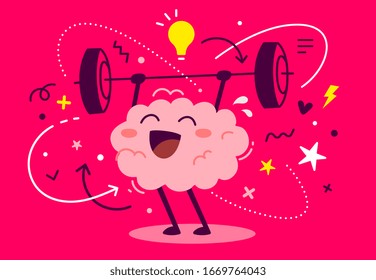 Vector creative illustration of strong happy pink human brain character with light bulb easy lifting barbell on red background. Flat style education concept design of brain for web, poster, banner