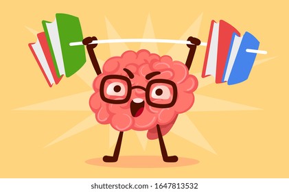 Vector ilustración creativa de fuerte personaje de cerebro humano rosa con lentes levantando el libro de fondo amarillo. Diseño de diseño de estilo plano de la educación del cerebro emocional para web, sitio, banner