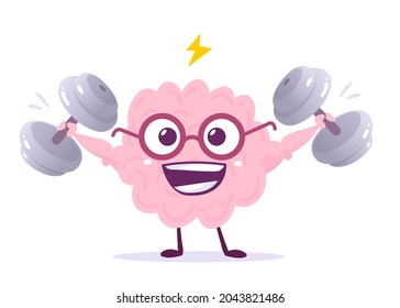 Ilustración vectorial creativa de fuerte personaje de cerebro humano rosa en lentes de fondo blanco. Diseño de concepto de conocimiento de estilo plano con peso emocional de elevación de cerebro para Web, Sitio, Banner, Afiche