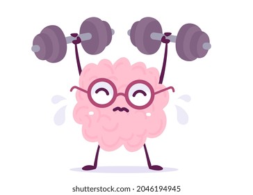 Ilustración vectorial creativa de fuerte carácter de cerebro humano rosa en lentes de vidrio que elevan el peso con esfuerzo sobre fondo blanco. Diseño de Conocimiento de Estilo Doodle Plano con Sudor Emocional