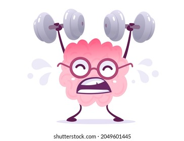 Ilustración vectorial creativa de fuerte personaje de cerebro humano rosa en lentes con sudor en fondo blanco. Diseño de Conocimiento con Estilo de Doodle Plano de Peso Emocional para Levantamiento Cerebral con Esfuerzo