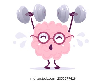 Vector Creative Illustration of Strong Pink Human Brain Character Lifting Weight with Last Effort with Sweat on White Background. Flat Doodle Style Knowledge Concept Design of Emotional Brain