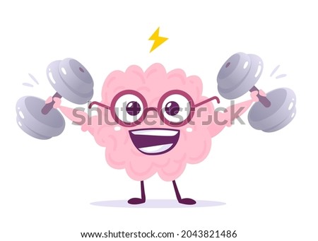Vector Creative Illustration of Strong Pink Human Brain Character in Glasses on White Background. Flat Style Knowledge Concept Design of Emotional Brain Lifting Weight for Web, Site, Banner, Poster