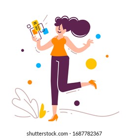 Vector creative illustration of successful jumping woman with smartphone on white background with plant. Young happy girl in casual clothes with positive emotion. Flat cartoon style design of people