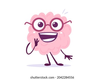 Vector Creative Illustration of Surprised Pink Human Brain Character in Glasses with Smile on White Background. Flat Style Education Concept Design of Happy Brain for Web, Site, Banner, Poster