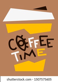 Vector creative illustration of take away paper cup of coffee with lettering text on brown background. Line art style design for web, site, banner, card, poster