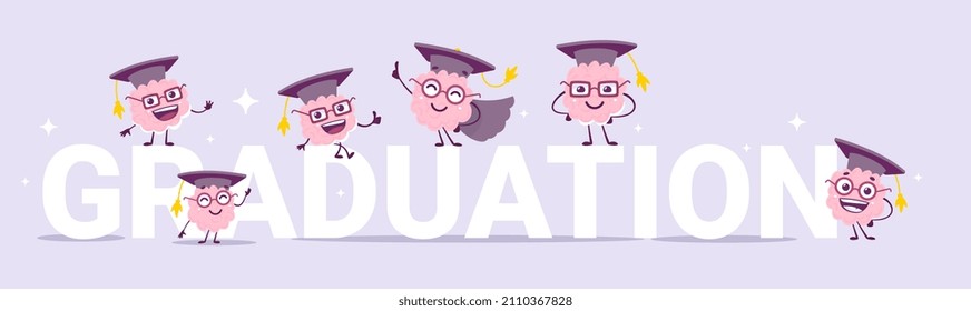 Vector creative illustration of team of happy pink brain character in graduation cap and word graduation on color background. Flat doodle style knowledge concept design of happy human brain character