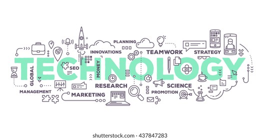 Vector Creative Illustration Of Technology Word Lettering Typography With Line Icons, Tag Cloud On White Background. Business Innovation Technology Concept. Thin Line Art Style Design For Technology