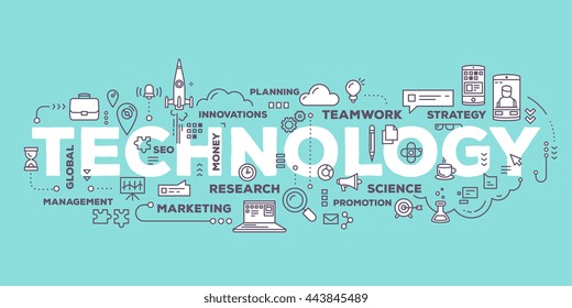 Vector creative illustration of technology word lettering typography with line icons and tag cloud on green background. Business innovation technology concept. Thin line art style design of technology