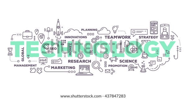 Vector creative illustration of technology\
word lettering typography with line icons, tag cloud on white\
background. Business innovation technology concept. Thin line art\
style design for\
technology