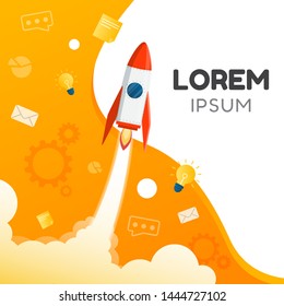 Vector creative illustration of thinking or  business startup banner with rocket graphic.