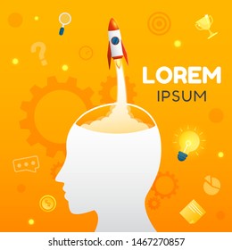 Vector creative illustration of thinking or business ideas banner with rocket graphic.