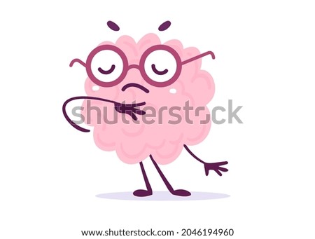 Vector Creative Illustration of Thoughtful Pink Human Brain Character in Glasses on White Background. Flat Doodle Style Knowledge Concept Design of Inspired by Muse Brain for Web, Site, Banner, Poster