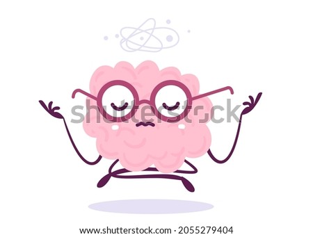 Vector Creative Illustration of Thoughtful Pink Human Brain Character in Glasses on White Background. Flat Doodle Style Knowledge Concept Design of Levitation Yogi Brain for Web, Site, Banner, Poster
