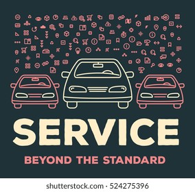 Vector creative illustration of three cars with set of line icons and word typography on dark background. Car service and maintenance concept. Thin line art style design for car repair, wash, parking