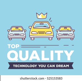 Vector creative illustration of three yellow cars with header on blue background. Top quality car service and maintenance concept. Flat thin line art style design for best car repair, wash, parking