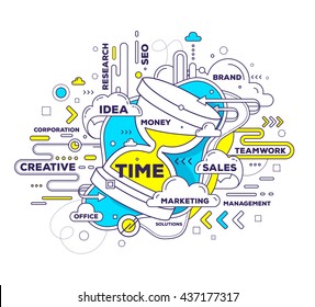 Vector creative illustration time management and hourglass   tag cloud white background  Business time management concept  Hand draw thin line art style design and hourglass for management