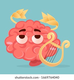 Vector creative illustration of tired pink human brain character with golden laurel wreath and harp on blue background. Flat style education concept design of emotional smart brain with sleepy eyes