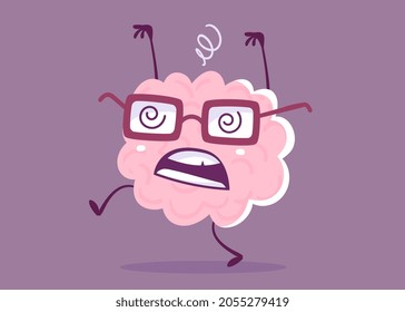 Vector Creative Illustration of Tired Pink Human Brain Character in Glasses on Color Background. Flat Style Education Concept Design of Crazy Brain for Web, Site, Banner, Poster