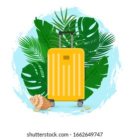 Vector creative illustration of travel concept with yellow suitcase luggage, palm leaves and seashell on blue backdrop. Travel to tropical places, sea resort. Modern polycarbonate suitcase for design.