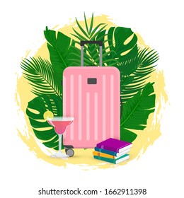 Vector creative illustration of travel concept with fashion pink suitcase, palm leaves, Margarita cocktail and book on yellow backdrop. Travel to tropical places, sea resort. Modern suitcase.