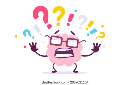 Vector Creative Illustration of Unhappy Pink Human Brain Character with Question Marks on White Color Background. Flat Doodle Style Knowledge Concept Design of Emotional Brain in Glasses for Web, Site