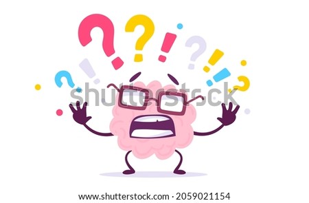 Vector Creative Illustration of Unhappy Pink Human Brain Character with Question Marks on White Color Background. Flat Doodle Style Knowledge Concept Design of Emotional Brain in Glasses for Web, Site