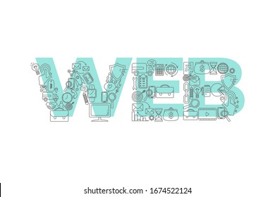 Vector creative illustration of WEB word lettering typography with line icons on white background. Internet concept.
