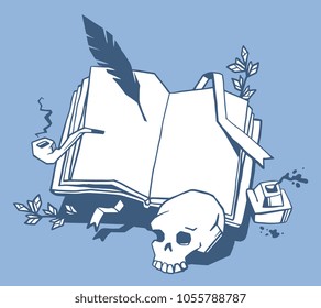 Vector creative illustration of white color opening book with bookmark, bird feather, inkwell, smoking pipe, human skull on blue background. Writer of books concept. Flat line art style design of book