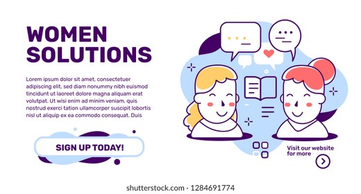 Vector creative illustration of women solutions with head of people with speech bubble on white background with text. Line art style design for web, site, banner, presentation
