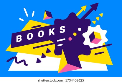 Vector kreative Illustration mit Wortbüchern und abstraktem Element auf blauem Hintergrund. Feierliche, fröhliche Abstraktion. Flachstil-Design für Web, Business-Site, Brainstorm-Banner, Poster, Print