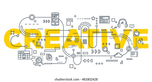 Vector creative illustration of creative word lettering typography with line icons on white background. Creative idea concept. Thin line art style design for business creative theme website banner