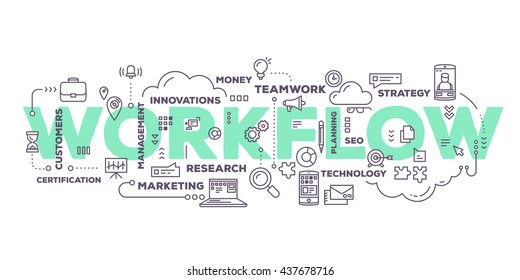 Vector creative illustration of workflow word lettering typography with line icons, tag cloud on white background. Business workflow technology concept. Thin line art style design of business workflow