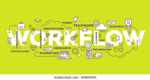 Ilustração criativa vetorial de tipografia de letras de texto de fluxo de trabalho com ícones de linha, nuvem de tag no fundo verde. Conceito de tecnologia de fluxo de trabalho de negócios. Design de estilo de arte de linha fina do fluxo de trabalho de negócios