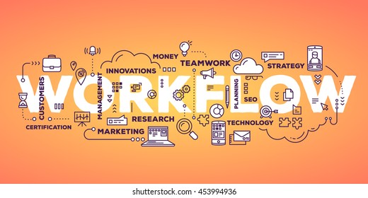 Vector creative illustration of workflow word lettering typography with line icons, tag cloud on glow gradient background. Business workflow technology concept. Thin line art style design of workflow