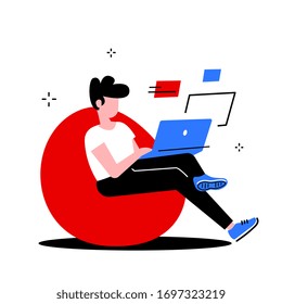 Vector creative illustration of working guy with laptop sitting on soft chair on white background. Young man in casual clothes in home office. Flat cartoon style design of people for web, site, poster