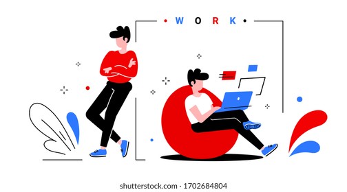 Vector creative illustration of working guy with laptop sitting on soft chair and standing person on white background. Young man in casual clothes in home office. Flat cartoon style design of people