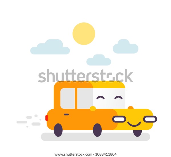 Vector creative illustration of yellow car. Happy\
side view car on white background with sun, cloud. Flat style\
design for web banner