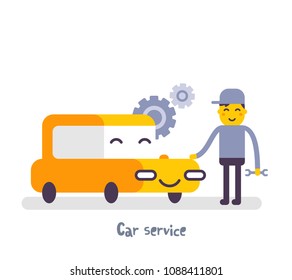 Vector creative illustration of yellow color side view car with repairman, gear, text car service on white background. Car service, maintenance concept. Flat style design for car diagnostic web banner