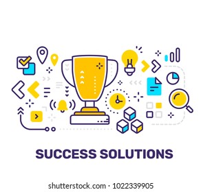 Vector creative illustration of yellow winner cup and business icons. Success solution concept on white background with title. Line art flat style design for web, site, banner, presentation