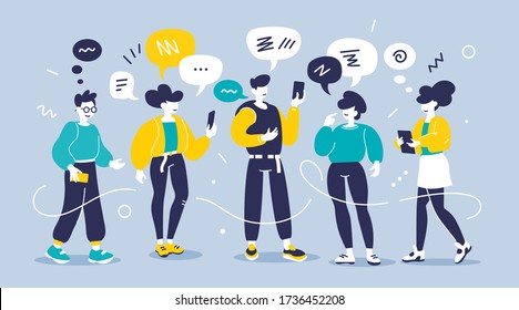 Vector creative illustration of young modern group of people with smart phone on color background. Man and woman chatting communication in messenger. Flat style design of team work people for banner